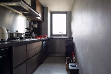 92平的复古风小户型三居室，水泥灰的空间好有质感现代简约厨房效果图