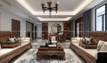 别墅设计丨自建别墅300㎡中式风格设计新中式客厅效果图